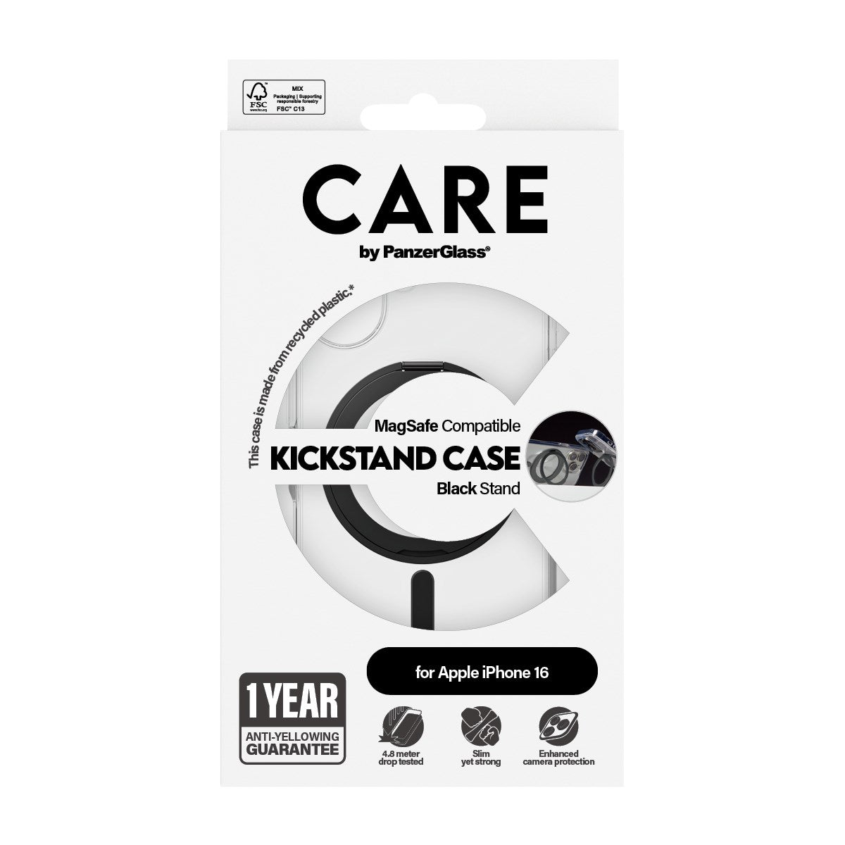 CARE by PanzerGlass® Feature Case Transparent m. Schwarz Kickstand & MagSafe iPhone 16